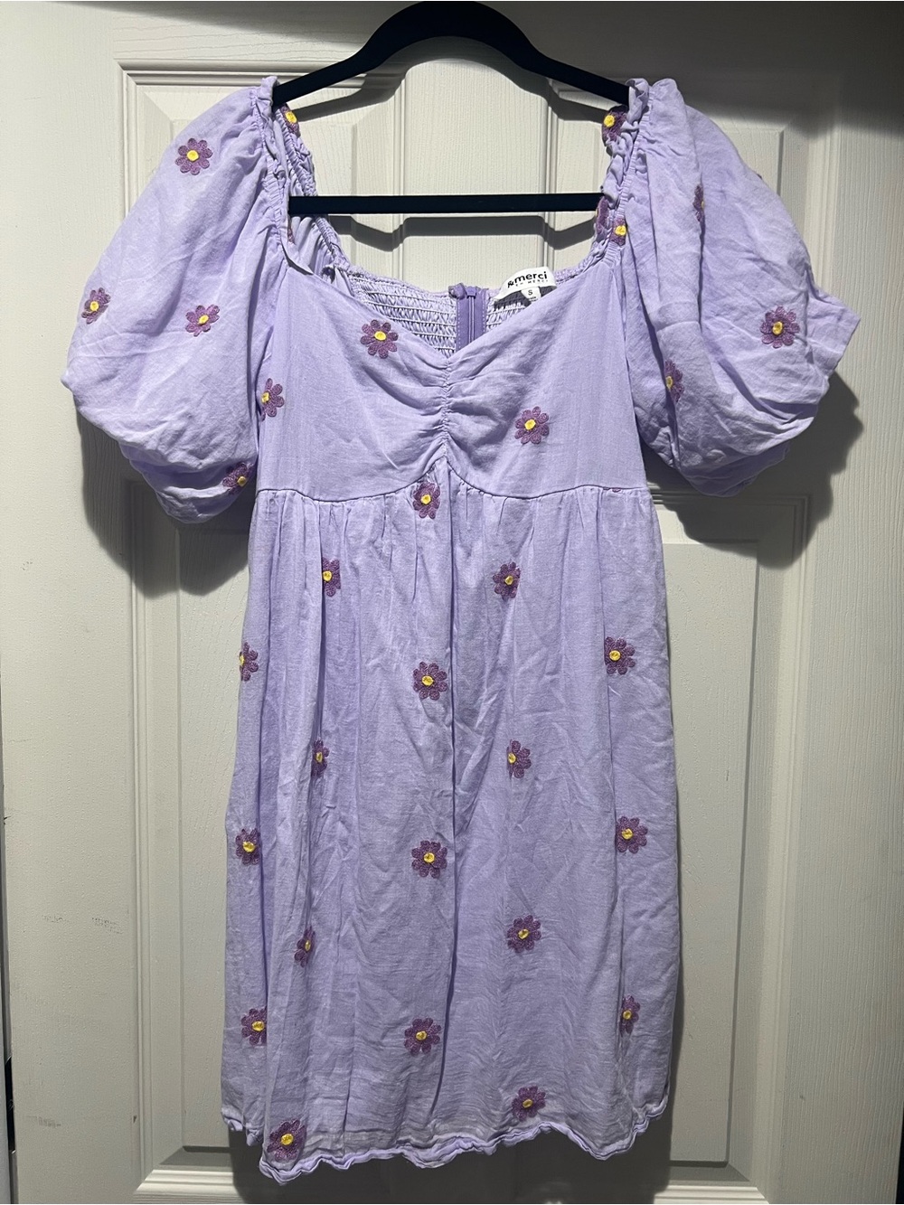 En Merci Floral Embroidered Puff Sleeve Babydoll Dress Purple Size Small
